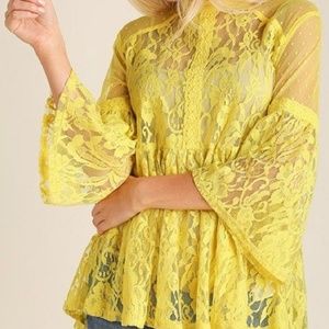 Yellow lace bell sleeve top -- NEW!